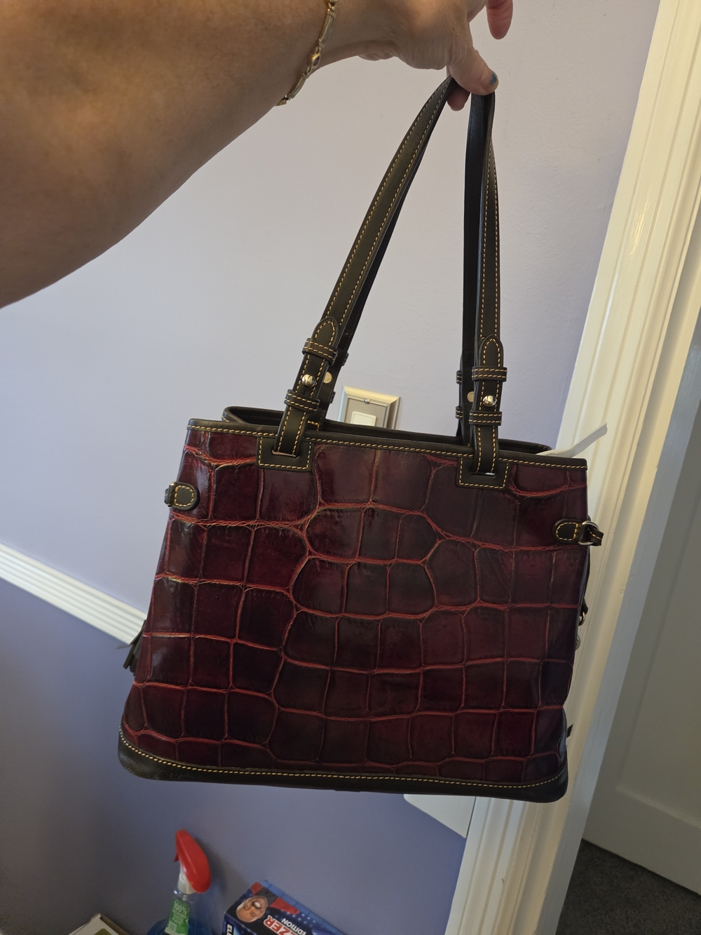 Dooney & Bourke Croc-Embossed Shoulder Bag in Deep Wine and Black Trim